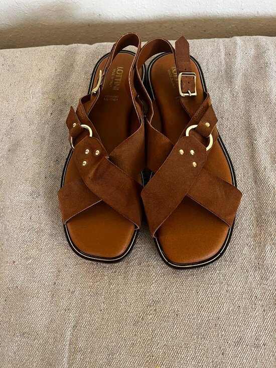 lottini Shoes - Lottini Woman's Brown Suede Sling Back Crisscross Buckle Flat Sandals Sz 40